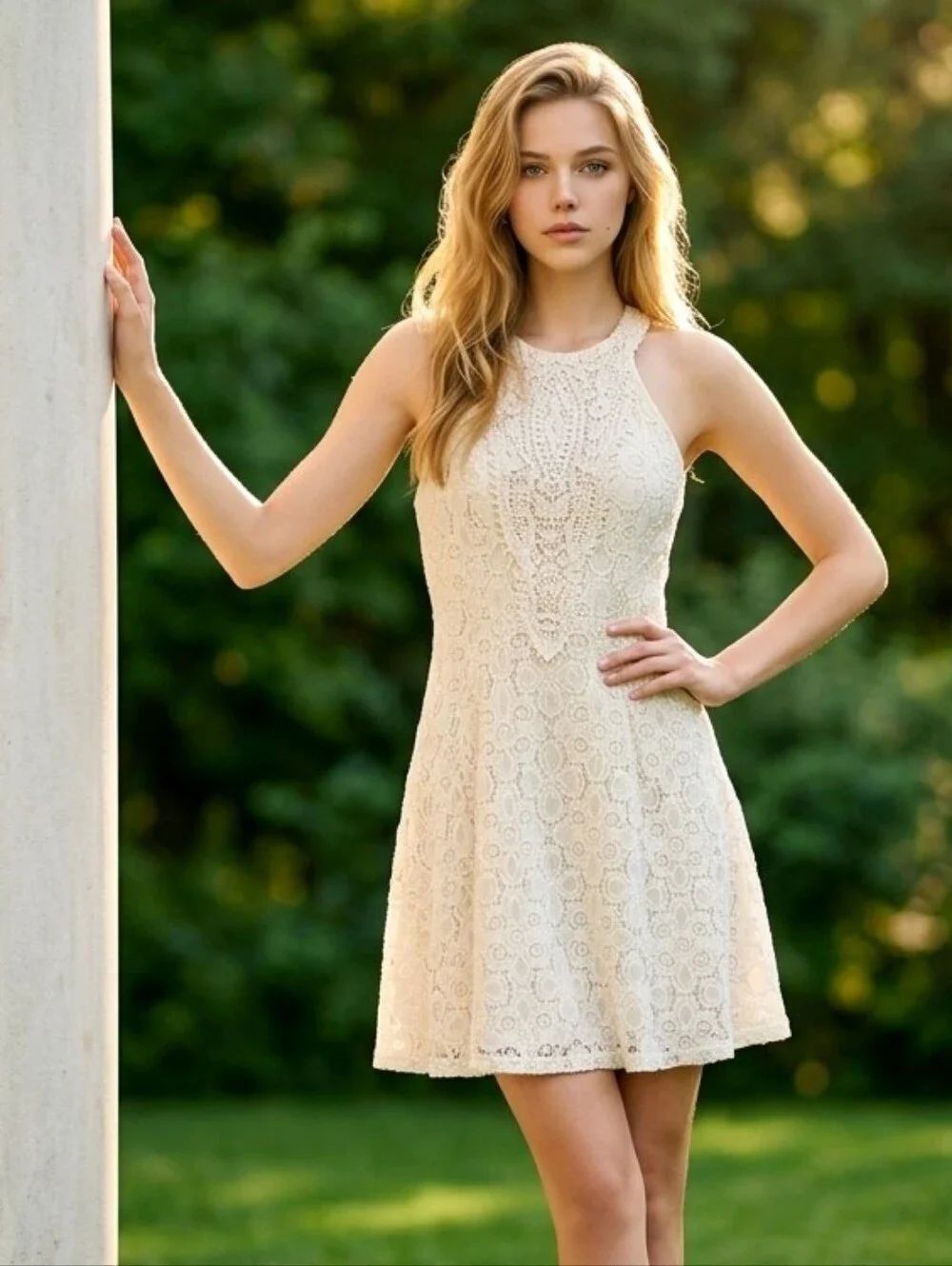 Ivory Lace Halter Special Occasion Dress Cut Out Back Romantic Party Mini XS 3